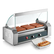 Glownary Hot Dog Roller Grill with Glass Sneeze Guard, 12 Hot Dog Capacity, 5 Rollers, Stainless Steel, 650W, 120V, HDRG12
