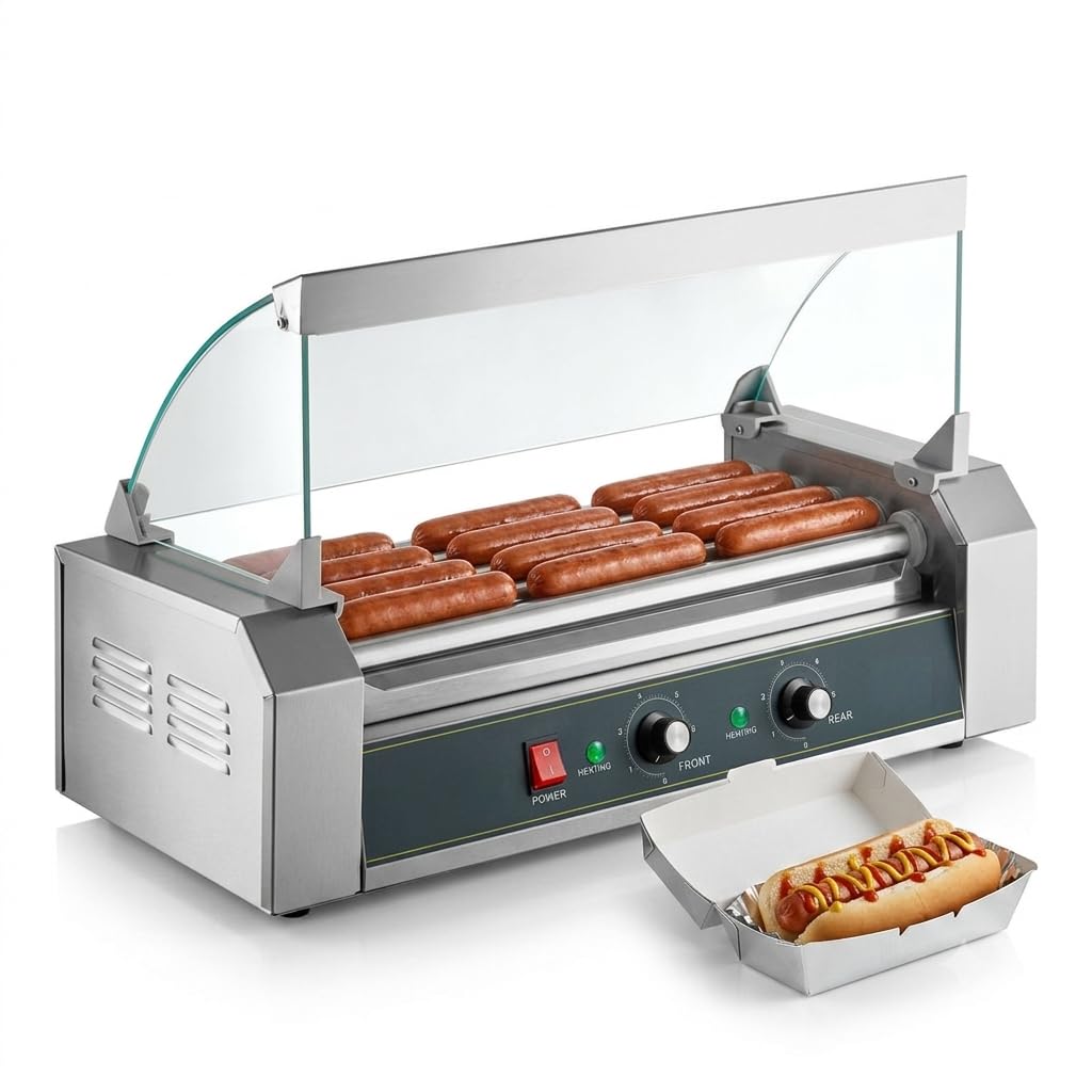 Glownary Hot Dog Roller Grill with Glass Sneeze Guard, 12 Hot Dog Capacity, 5 Rollers, Stainless Steel, 650W, 120V, HDRG12