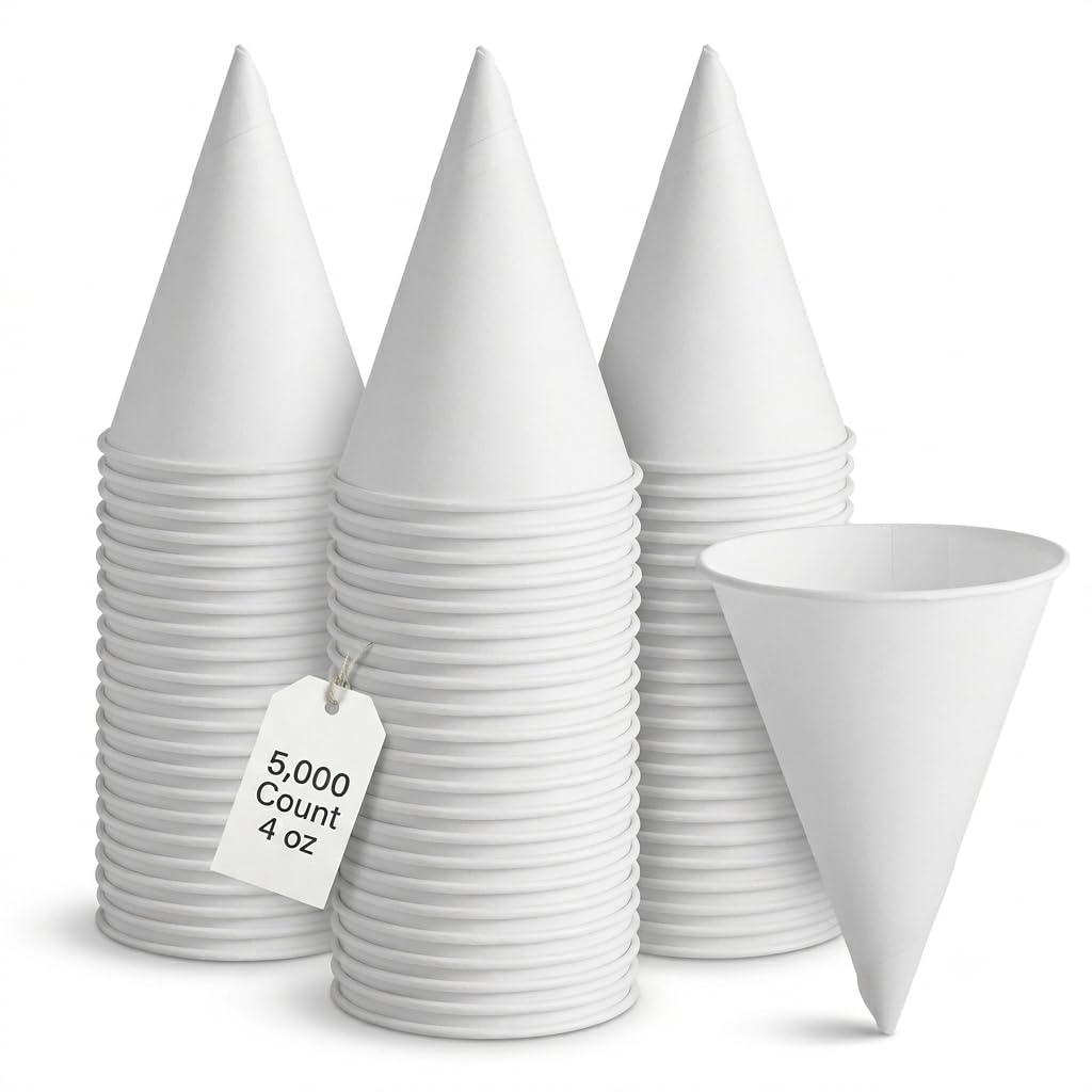 Glownary White Paper Cone Cup, 4 oz, Rolled Rim, Disposable, Conical Shape, 5000 Count