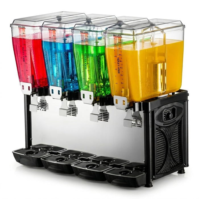 Glownary Quadruple Bowl Refrigerated Beverage Dispenser, 5 Gallon per Bowl, 20 Gallon Total, Stainless Steel, Black and Silver, Electric, 120V