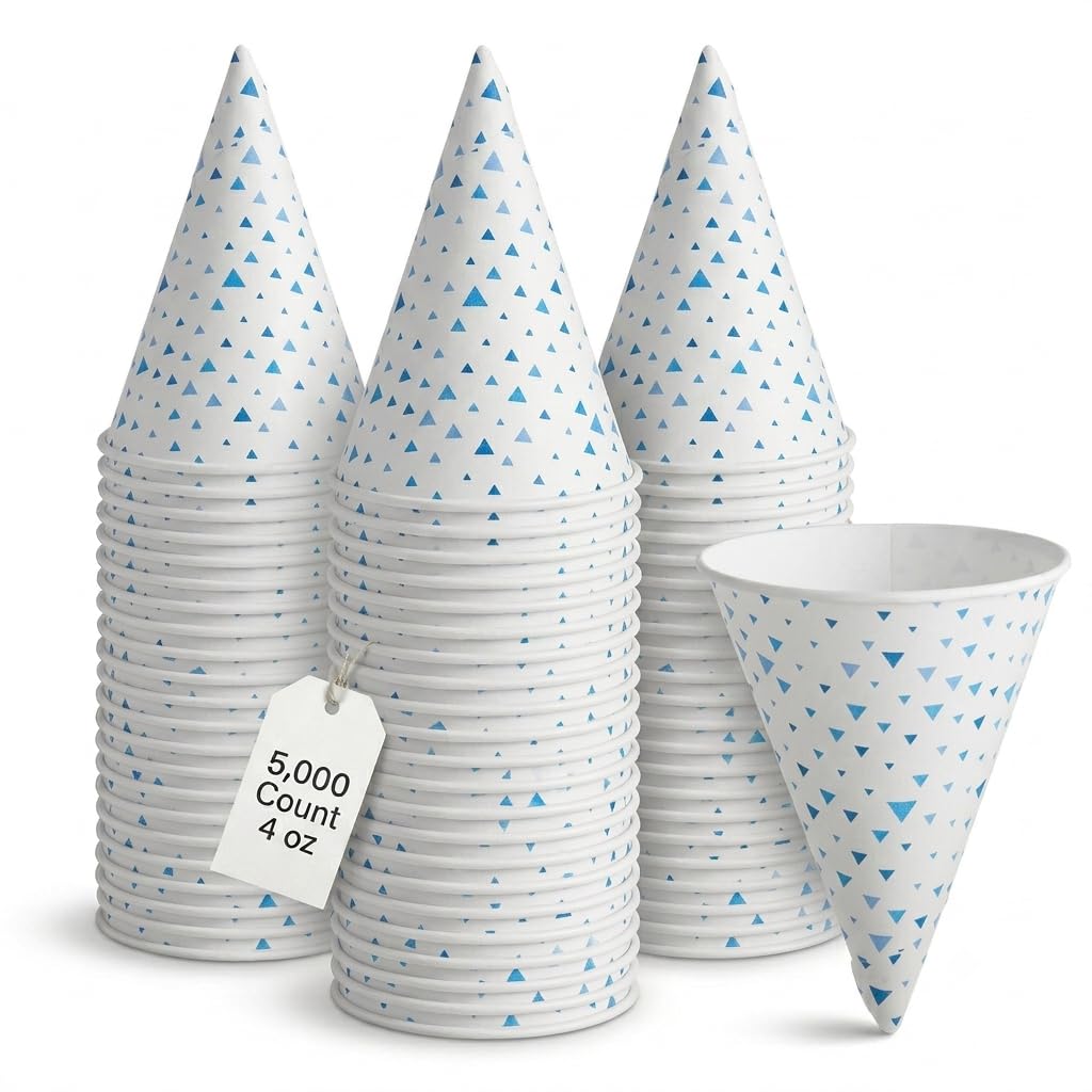 Glownary Printed Paper Cone Cup, 4 oz., Blue and White, Conical Shape, Rolled Rim, 5000 Count