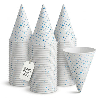 Glownary Printed Paper Cone Cup, 4 oz., Blue and White, Conical Shape, Rolled Rim, 5000 Count