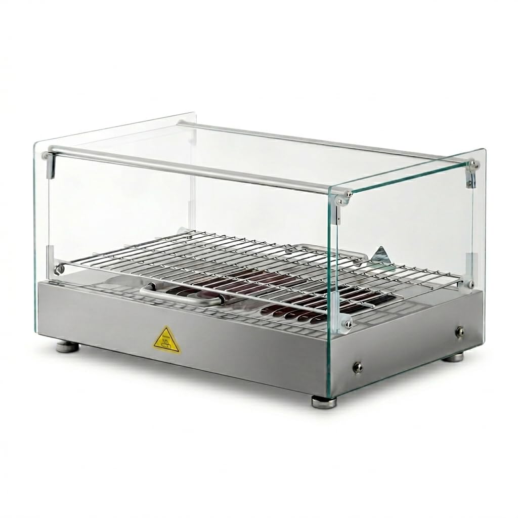 Glownary HDSG1A Hot Food Display Case, Silver Square Glass, 1 Shelf, 120V 800W, Countertop, 21.8x15.7x12.3 Inches