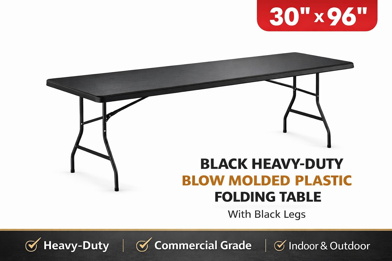 Glownary Heavy-Duty Blow Molded Plastic Folding Table, 72x30x29 Inches, White Top with Black Steel Legs, 300 lb Capacity, Seats 6, Foldable, Rectangular (Black, 30" x 96", Folding Table) view 2