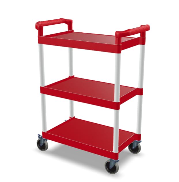 Plastic Utility Bussing Cart with Shelves, 450 lb. Capacity, for Restaurants and Catering (Red, 32" x 16")
