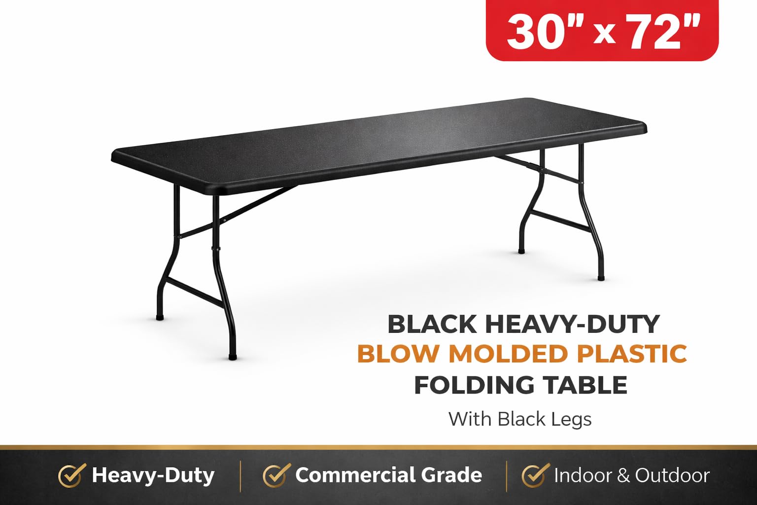 Glownary Heavy-Duty Blow Molded Plastic Folding Table, 72x30x29 Inches, White Top with Black Steel Legs, 300 lb Capacity, Seats 6, Foldable, Rectangular (Black, 30" x 72", Folding Table) view 2