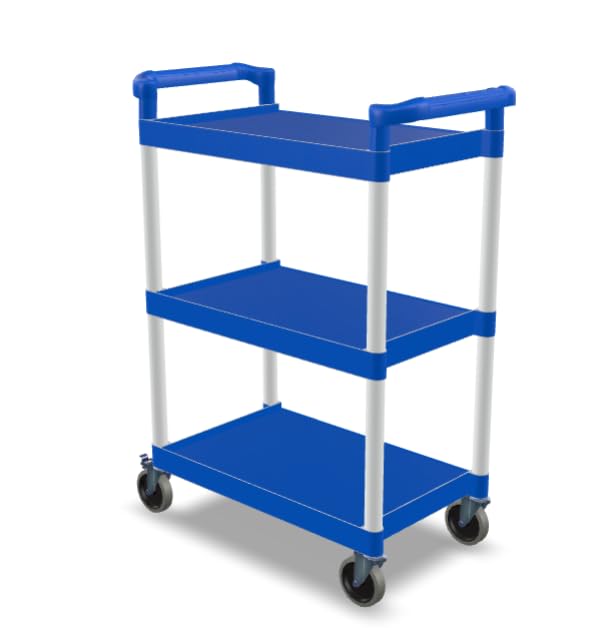 Plastic Utility Bussing Cart with Shelves, 450 lb. Capacity, for Restaurants and Catering (Blue, 32" x 16")