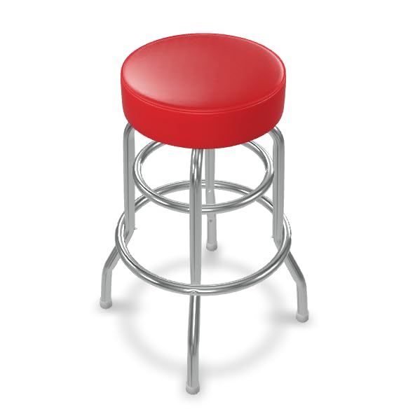 Glownary Vinyl Double Ring Swivel Bar Stool, Chrome Finish, Steel Frame, 29 Inch Seat Height, 330 lb. Capacity, Retro Style, Ships Unassembled (Red Vinyl)