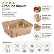Pulp Produce Basket, Molded Pulp, Slotted Sides for Ventilation, Open Top, for Berries, Cherry Tomatoes, and Produce Display (Beige, 2 qt., 500) view 2