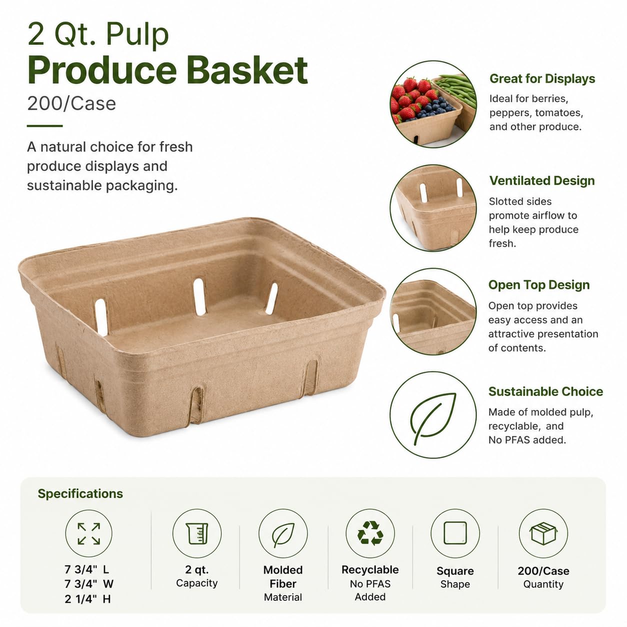 Pulp Produce Basket, Molded Pulp, Slotted Sides for Ventilation, Open Top, for Berries, Cherry Tomatoes, and Produce Display (Beige, 2 qt., 500) view 2