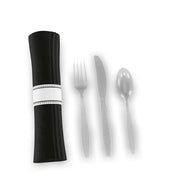 Pre-Rolled Linen-Feel Napkin and Black Polystyrene Plastic Cutlery Set, 17x17 Inch, White and Black, Extra Heavy Weight, 100 per Case (1, Black/Clear, 17" x 17")