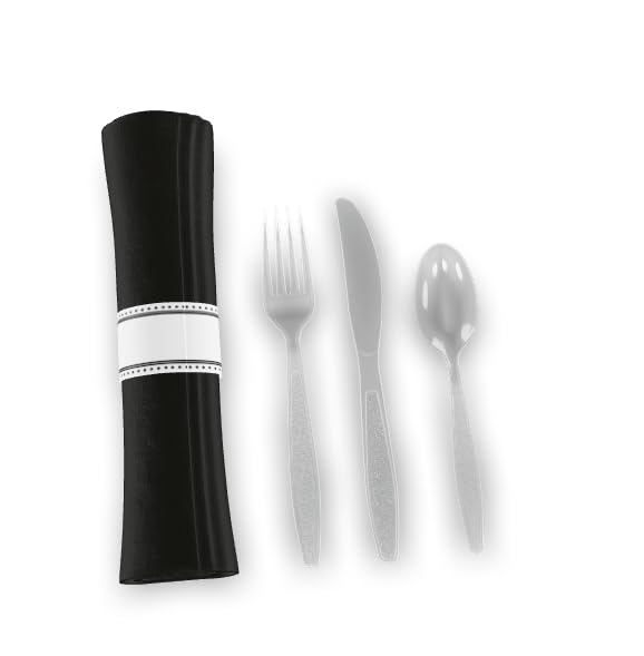 Pre-Rolled Linen-Feel Napkin and Black Polystyrene Plastic Cutlery Set, 17x17 Inch, White and Black, Extra Heavy Weight, 100 per Case (1, Black/Clear, 17" x 17")