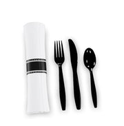 Pre-Rolled Linen-Feel Napkin and Black Polystyrene Plastic Cutlery Set, 17x17 Inch, White and Black, Extra Heavy Weight, 100 per Case (1, White/Black, 17" x 17")