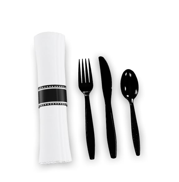 Pre-Rolled Linen-Feel Napkin and Black Polystyrene Plastic Cutlery Set, 17x17 Inch, White and Black, Extra Heavy Weight, 100 per Case (1, White/Black, 17" x 17")
