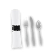 Pre-Rolled Linen-Feel Napkin and Black Polystyrene Plastic Cutlery Set, 17x17 Inch, White and Black, Extra Heavy Weight, 100 per Case (1, White/Clear, 17" x 17")
