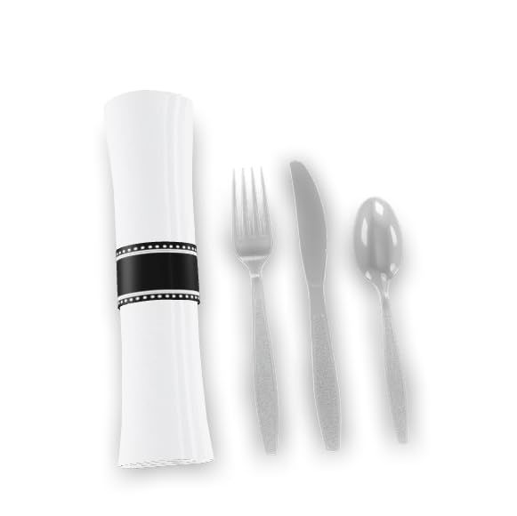 Pre-Rolled Linen-Feel Napkin and Black Polystyrene Plastic Cutlery Set, 17x17 Inch, White and Black, Extra Heavy Weight, 100 per Case (1, White/Clear, 17" x 17")