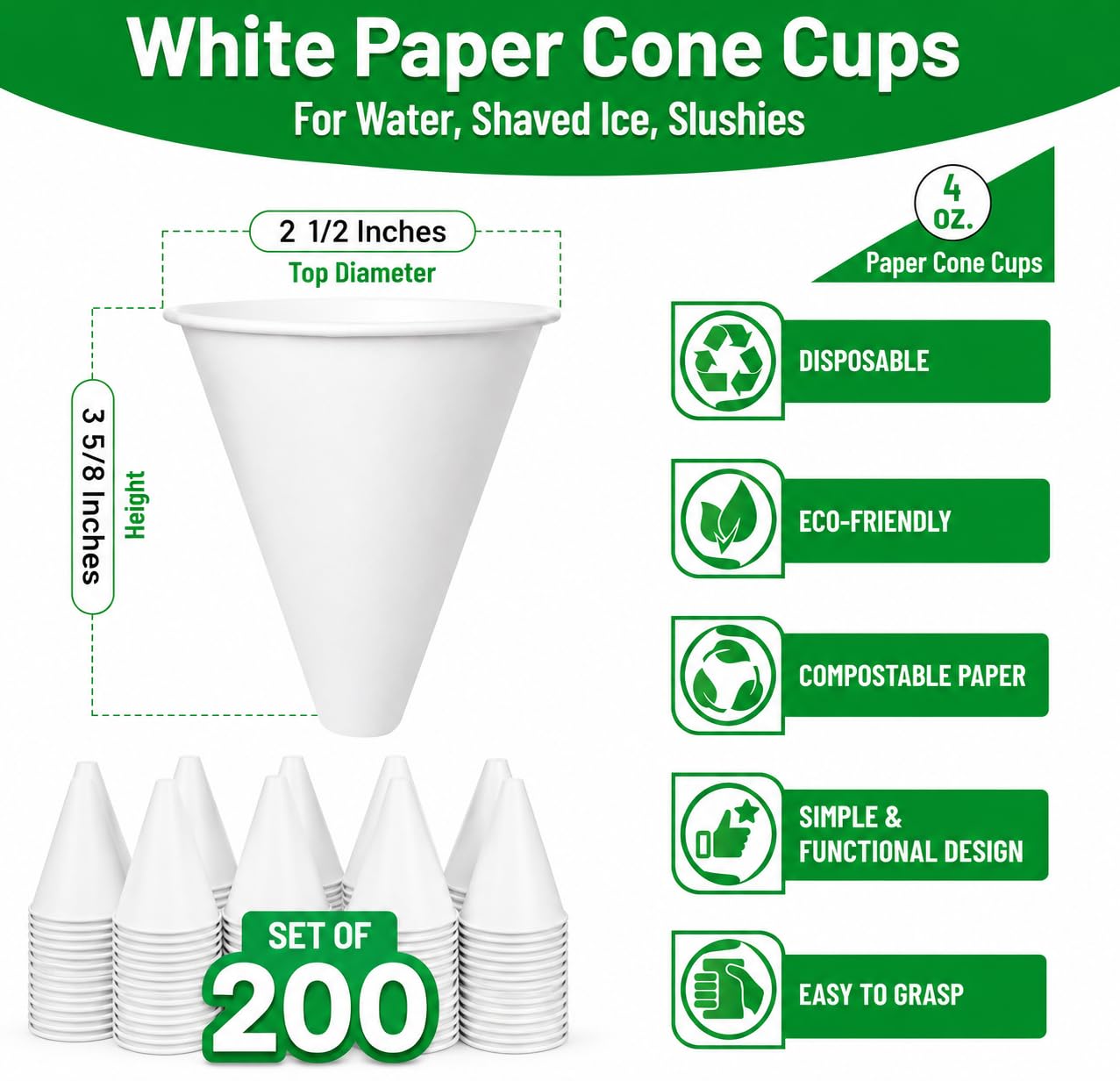 Glownary Harvest 4 oz White Rolled Rim Paper Cone Cups, Disposable Eco-Friendly Water & Snow Cone Cups, No PFAS Added, Durable Paper Construction, 200 Count Pack view 2