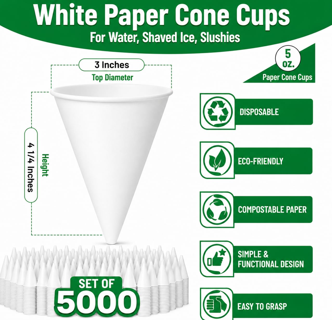 Glownary Harvest 5 oz White Rolled Rim Paper Cone Cups, Disposable Eco-Friendly Water & Snow Cone Cups, No PFAS Added, Durable Paper Construction, 200 Count Pack view 2