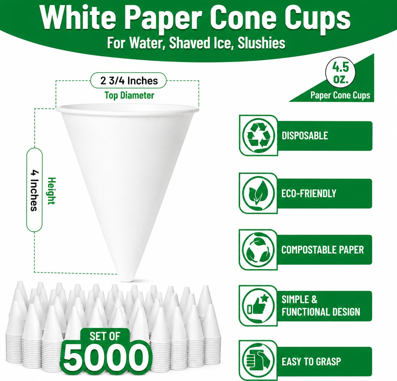 Glownary Harvest 4.5 oz White Rolled Rim Paper Cone Cups, Disposable Eco-Friendly Water & Snow Cone Cups, No PFAS Added, Durable Paper Construction, 5,000 Count Case view 2