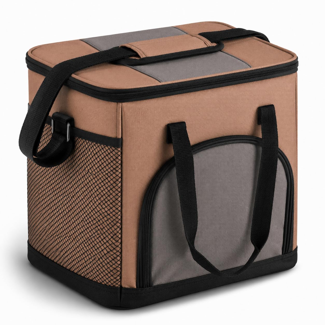Insulated Nylon Cooler Bag, Green, 40-Can Capacity, Zipper Closure, ID Window, Collapsible, for Catering and Delivery, 15.5x13x14 Inch (Brown, Small)