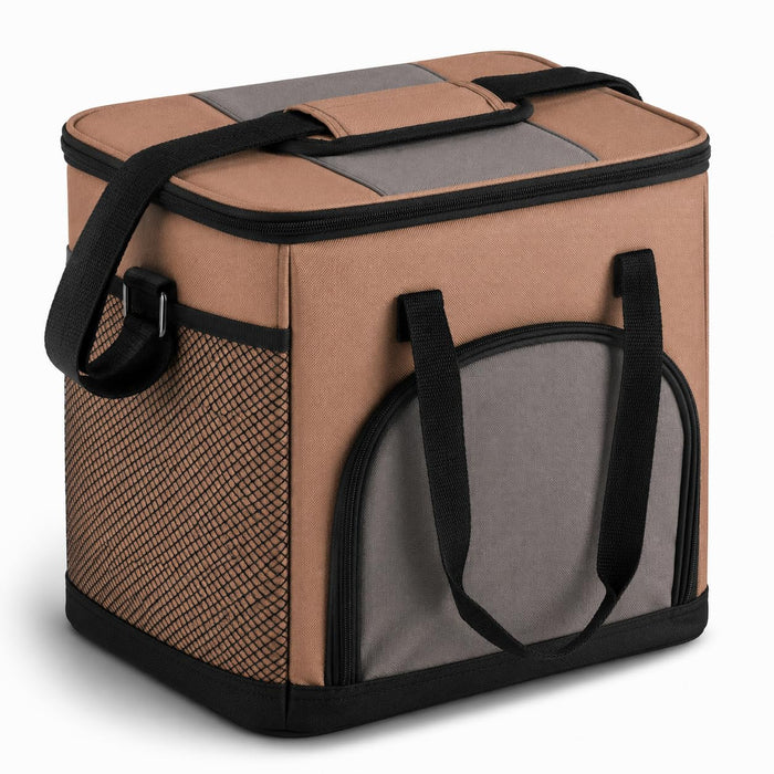 Insulated Nylon Cooler Bag, Green, 40-Can Capacity, Zipper Closure, ID Window, Collapsible, for Catering and Delivery, 15.5x13x14 Inch (Brown, Small)