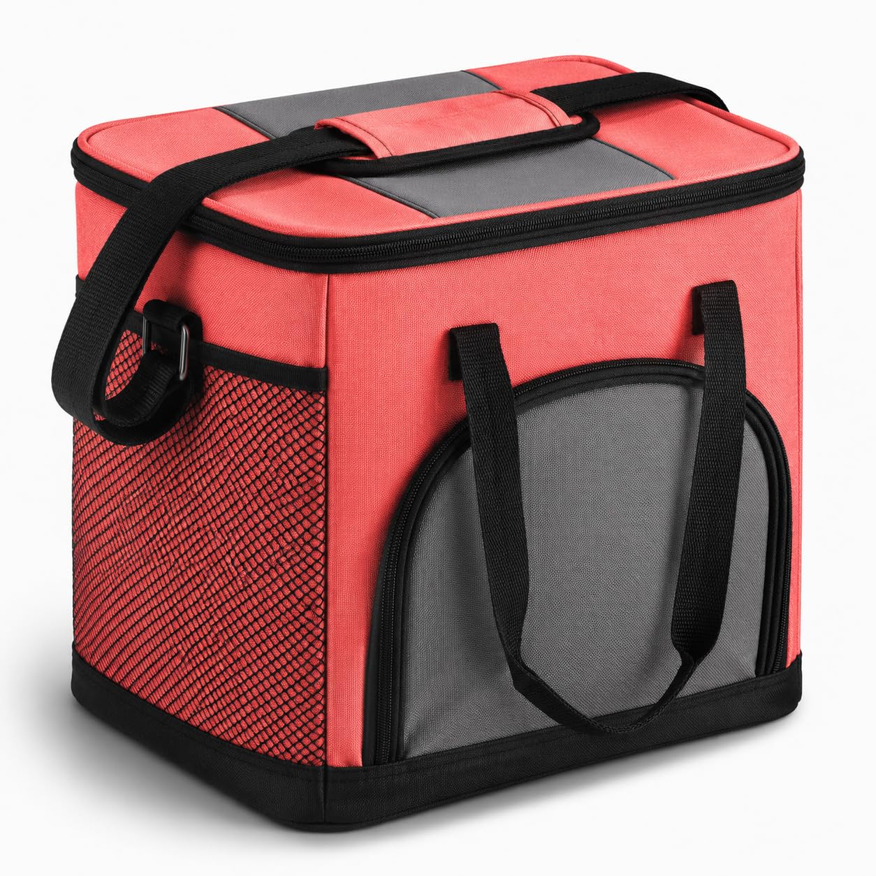 Insulated Nylon Cooler Bag, Green, 40-Can Capacity, Zipper Closure, ID Window, Collapsible, for Catering and Delivery, 15.5x13x14 Inch (Red, Small)