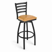 Glownary Black Frame Ladder Back Swivel Bar Stool with Light Brown Vinyl Padded Seat, 32 in. Bar Height, 330 lb. Capacity, Ships Unassembled