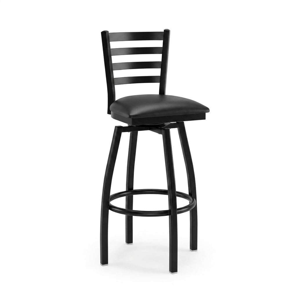 Glownary Black Frame Ladder Back Swivel Bar Stool with Black Vinyl Padded Seat, 32 in. Bar Height, 330 lb. Capacity, Ships Unassembled