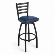 Glownary Clear Coat Frame Ladder Back Swivel Bar Stool with Navy Vinyl Padded Seat, 32 in. Bar Height, 330 lb. Capacity, Ships Unassembled