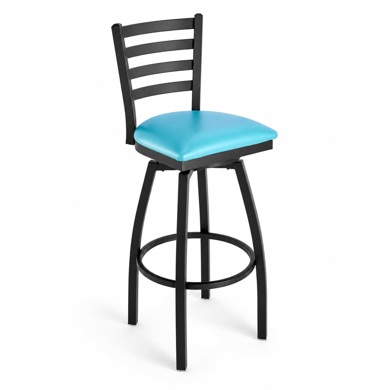 Glownary Black Frame Ladder Back Swivel Bar Stool with Blue Vinyl Padded Seat, 32 in. Bar Height, 330 lb. Capacity, Ships Unassembled