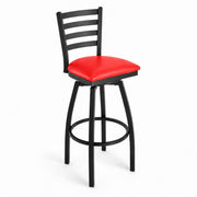 Glownary Clear Coat Frame Ladder Back Swivel Bar Stool with Red Vinyl Padded Seat, 32 in. Bar Height, 330 lb. Capacity, Ships Unassembled