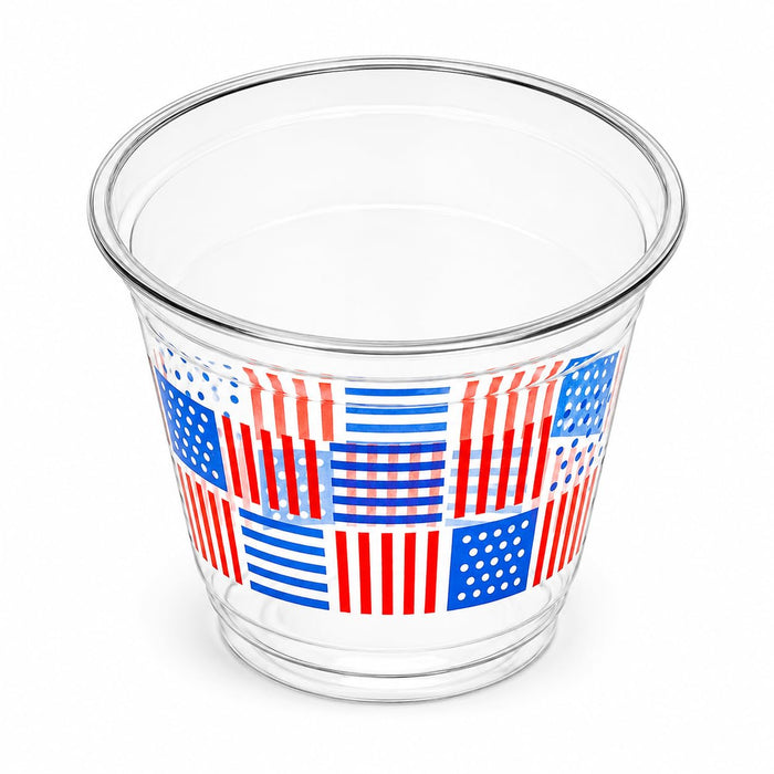 Patriotic Print PET Plastic Cold Cup, 9 oz, Disposable Clear Beverage Cup with Red White & Blue Festive Design, Crack-Resistant, Ideal for Summer Parties, Events, Concession Stands, 1000 Count