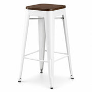 Glownary Backless Bar Height Stool, White Steel Frame with Walnut Wood Seat, 400 lb. Capacity, Stackable, Indoor