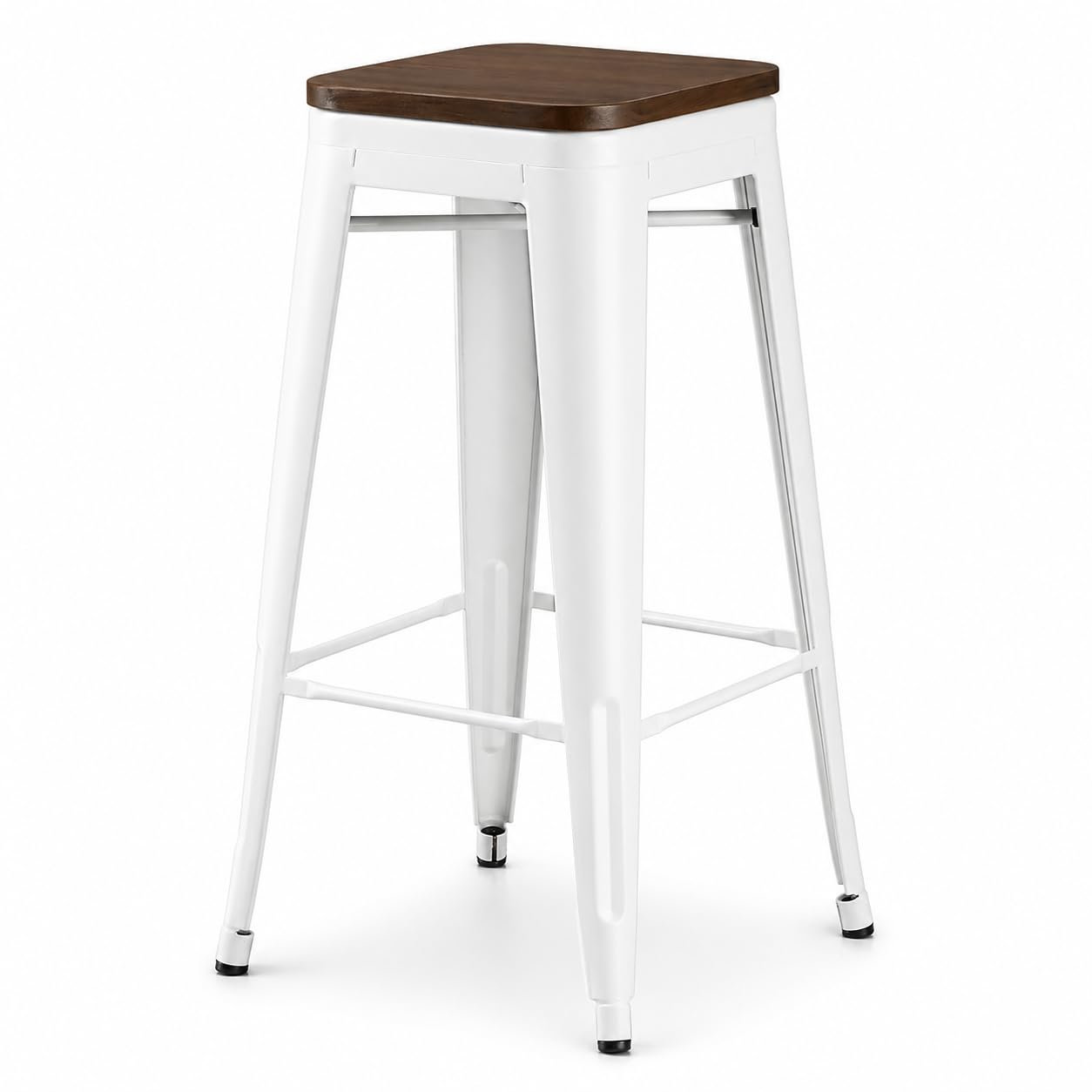 Glownary Backless Bar Height Stool, White Steel Frame with Walnut Wood Seat, 400 lb. Capacity, Stackable, Indoor