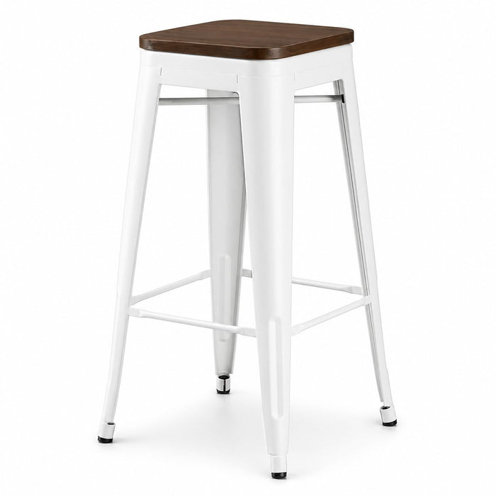 Glownary Backless Bar Height Stool, White Steel Frame with Walnut Wood Seat, 400 lb. Capacity, Stackable, Indoor