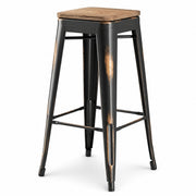 Glownary Backless Bar Height Stool, Distressed Black Metal Frame with Gray Wood Seat, 400 lb. Capacity, Industrial Style