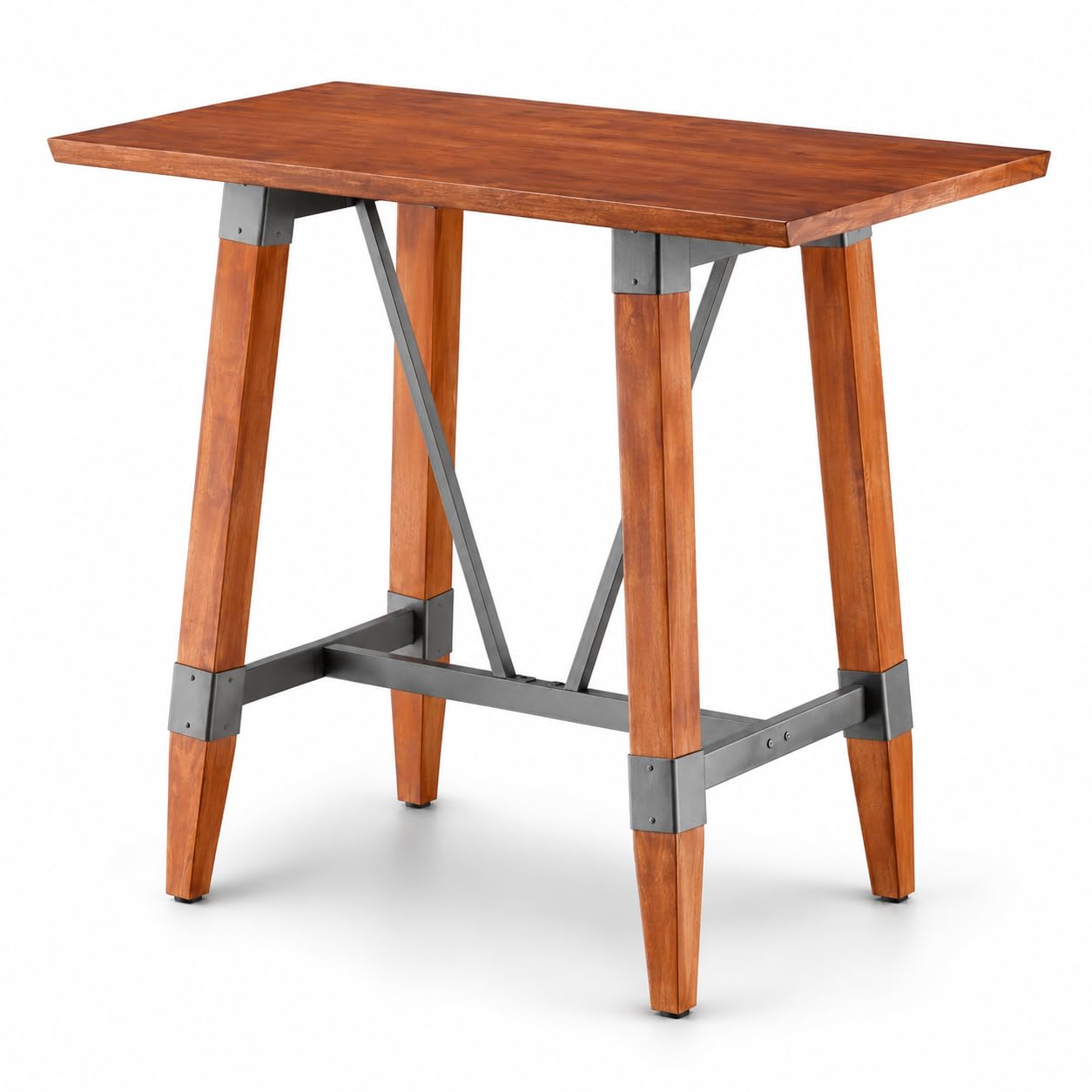 Glownary Bar Height Trestle Table, Rustic Mahogany, Solid Wood Live Edge Top, 30 x 48 Inch, Seats 4, Industrial Style