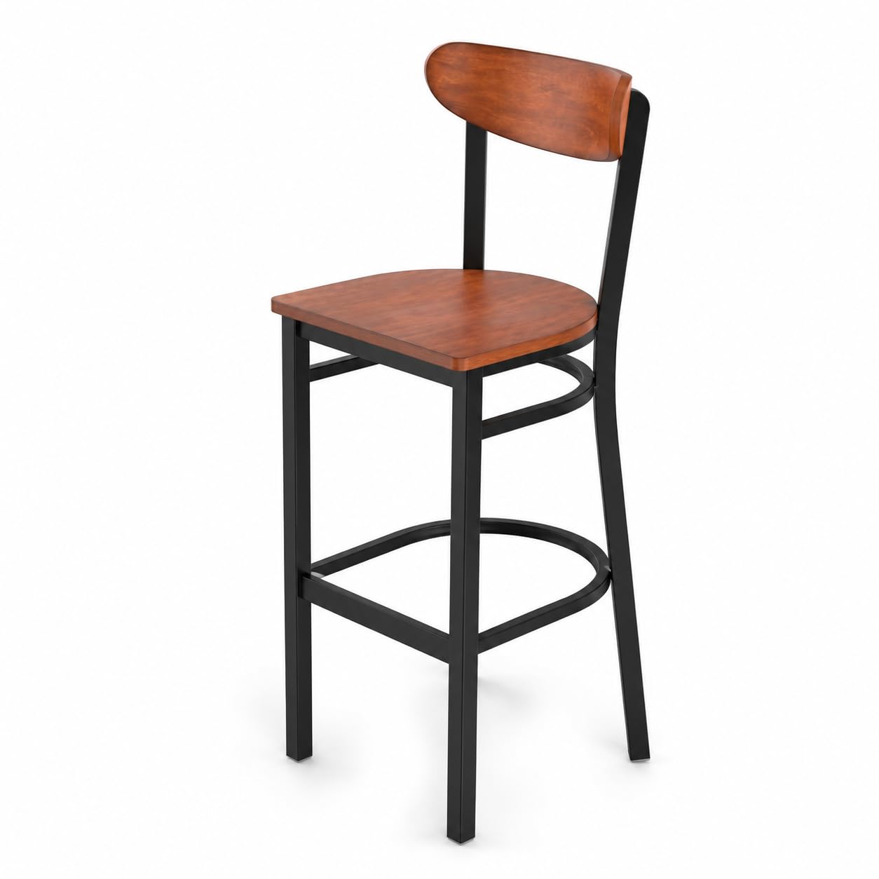 Glownary Boomerang Bar Stool with Antique Walnut Wood Seat and Back, Black Powder-Coated Steel Frame, 29 Inch Seat Height