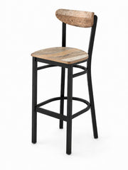 Glownary Bar Stool with Driftwood Wood Seat and Back, Black Powder-Coated Steel Frame, 29 Inch Seat Height, Boomerang Style