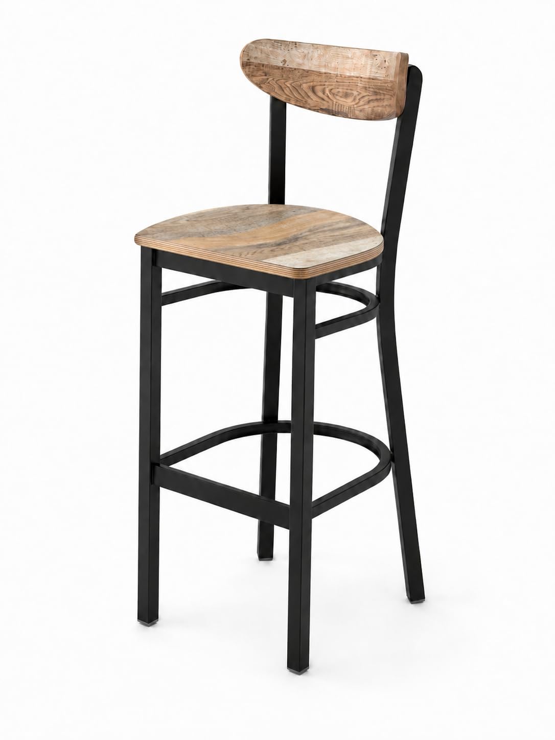 Glownary Bar Stool with Driftwood Wood Seat and Back, Black Powder-Coated Steel Frame, 29 Inch Seat Height, Boomerang Style