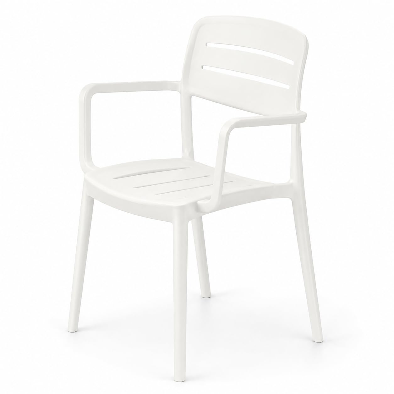 Glownary [4 Pack Alto Cloud White Stackable Outdoor Resin Arm Chair, Slat Back, Polypropylene and Fiberglass, 350 lb. Capacity