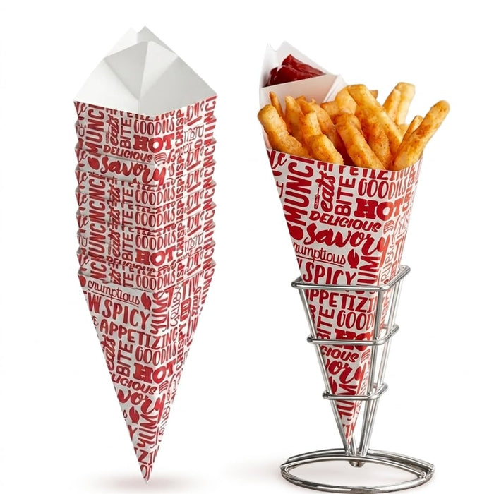 Glownary 15 oz. Square Savory Printed Cardboard Fry Cone, Red, Grease Resistant, 500 Count