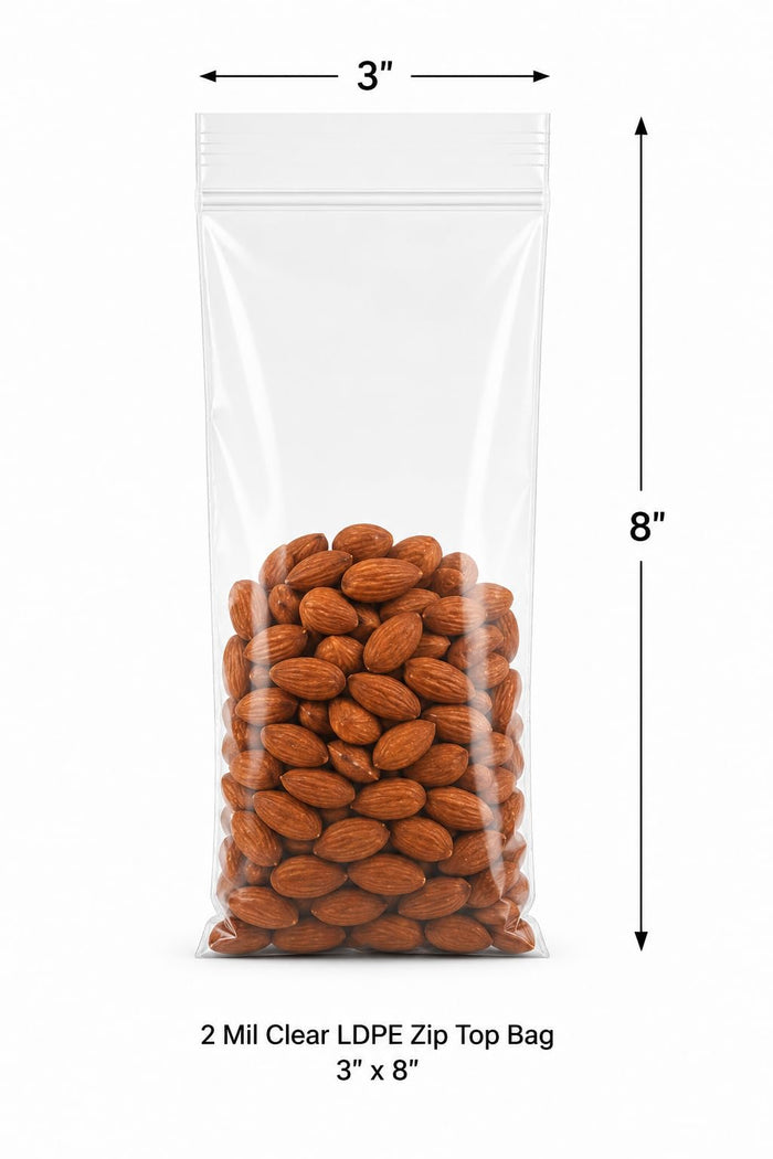 Glownary 3" x 8" 2 Mil Clear LDPE Zip Top Bag - 1,000/Case USDA-Approved, Reclosable, Food Storage, No Gusset/Flat