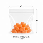 Glownary 4" x 4" 2 Mil Clear LDPE Zip Top Bag, 1000/Case Reclosable Closure, Food Safe USDA-Approved, Virgin LDPE & LLDPE, No Gusset Flat Design