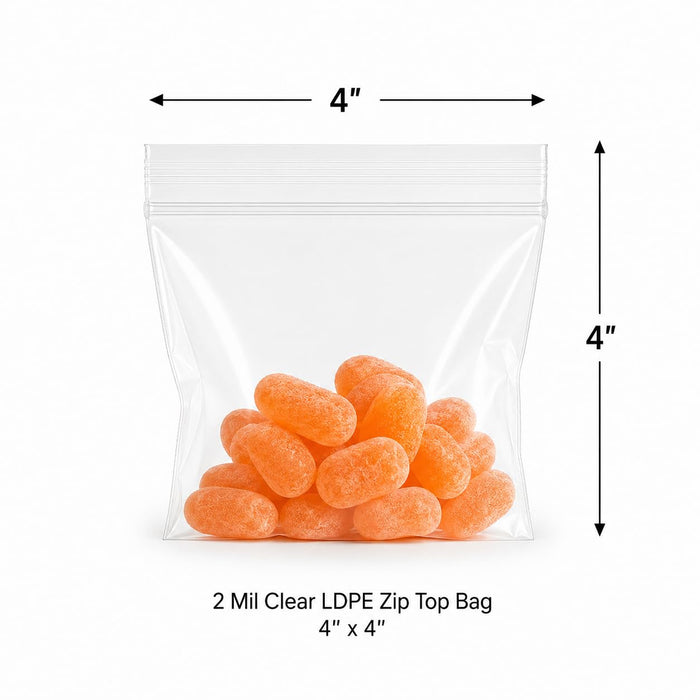 Glownary 4" x 4" 2 Mil Clear LDPE Zip Top Bag, 1000/Case Reclosable Closure, Food Safe USDA-Approved, Virgin LDPE & LLDPE, No Gusset Flat Design