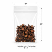 2" x 5" 2 Mil Clear LDPE Zip Top Bag 1000/Case Food Safe USDA Approved, Reclosable Zip Closure, 100% Virgin LDPE, No Gusset Flat Style, Spices & Sauces Storage
