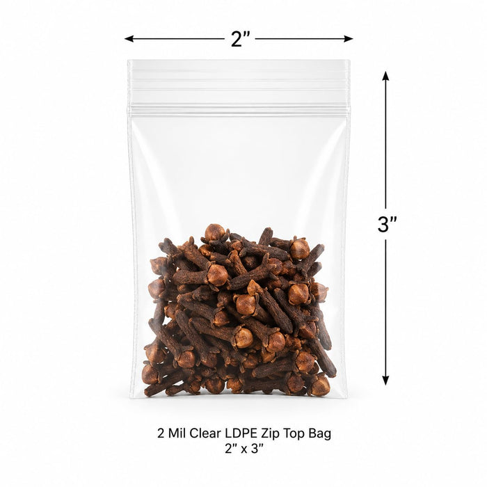 2" x 5" 2 Mil Clear LDPE Zip Top Bag 1000/Case Food Safe USDA Approved, Reclosable Zip Closure, 100% Virgin LDPE, No Gusset Flat Style, Spices & Sauces Storage