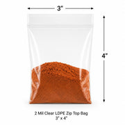 3" x 4" 2 Mil Clear LDPE Zip Top Bag 1000/Case, Food Safe USDA Approved, Reclosable Closure, Virgin LDPE & LLDPE, No Gusset Flat Style, Spices & Sauces Storage