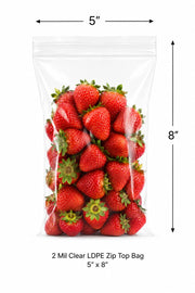 Glownary 5" x 8" 2 Mil Clear LDPE Zip Top Bags, 1,000/Case, Food Safe, 100% Virgin LDPE, Reclosable, No Gusset/Flat