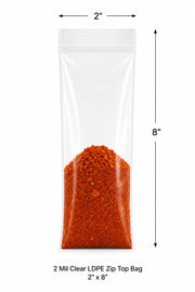 2" x 8" 2 Mil Clear LDPE Zip Top Bag, 1000/Case Reclosable Closure, Food Safe Material, Virgin LDPE Plastic, No Gusset Flat Style, Spices & Sauces Use